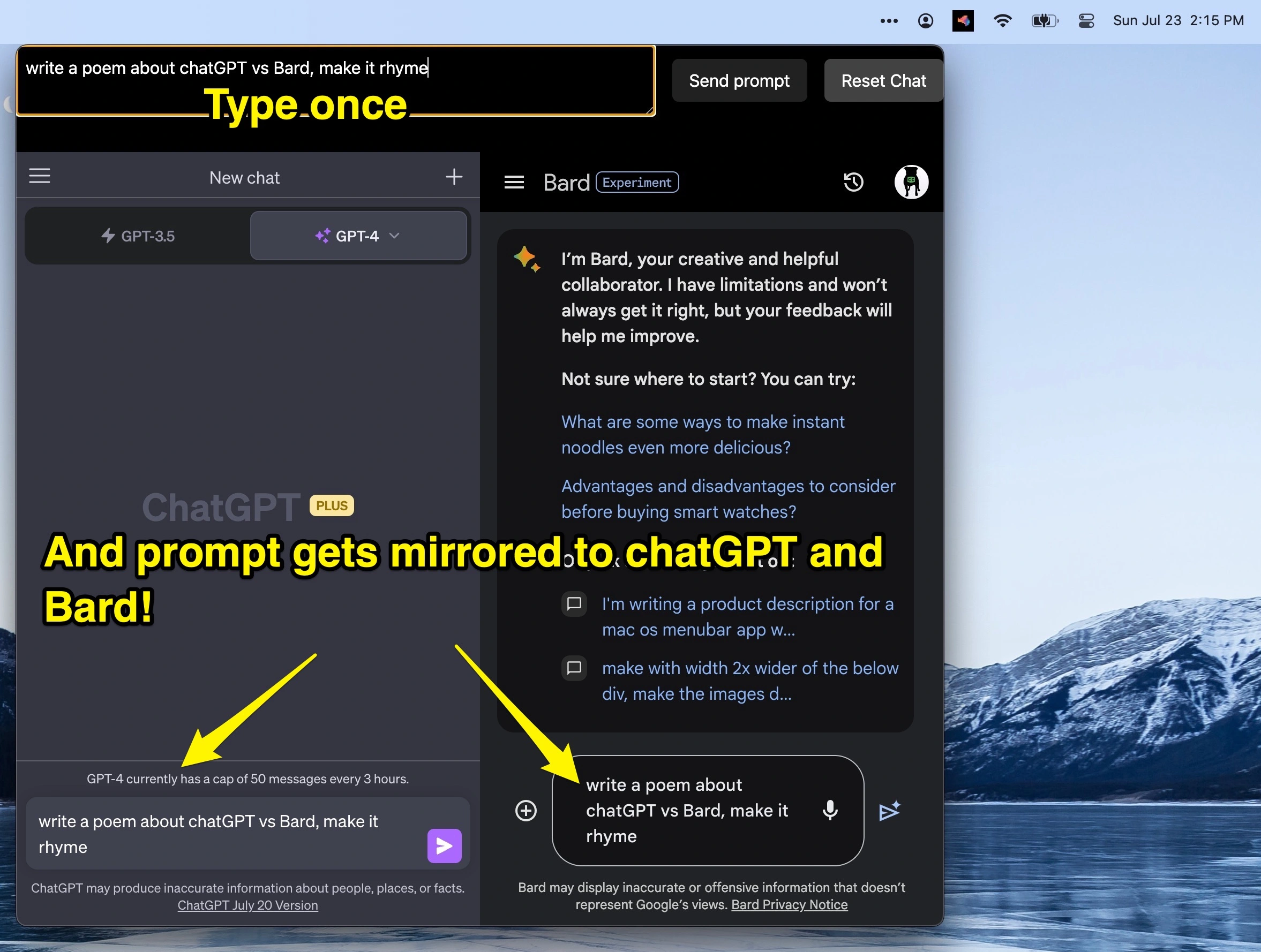 Picture showing type once and get answers from ChatGPT and Bard on OppeinheimerGPT.